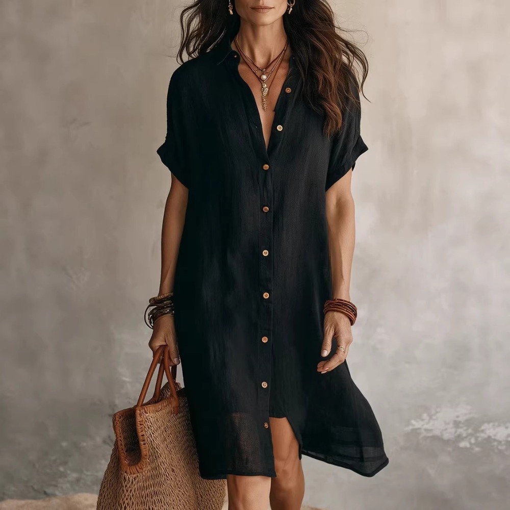 Robe chemise décontractée pour femme, manches courtes, boutonnée, mi-longue, couleur unie, élégante, coupe trapèze, plissée, pour le travail ou les loisirs