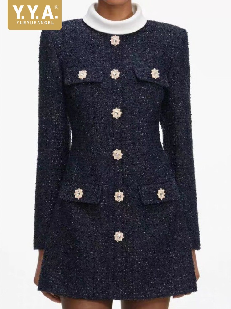 Robe Mini en Tweed pour Femme, Coupe Ajustée, Taille Haute, Col Montant, Manches Longues, Élégante, Coupe Évasée, Style Printemps, Idéale pour le Bureau