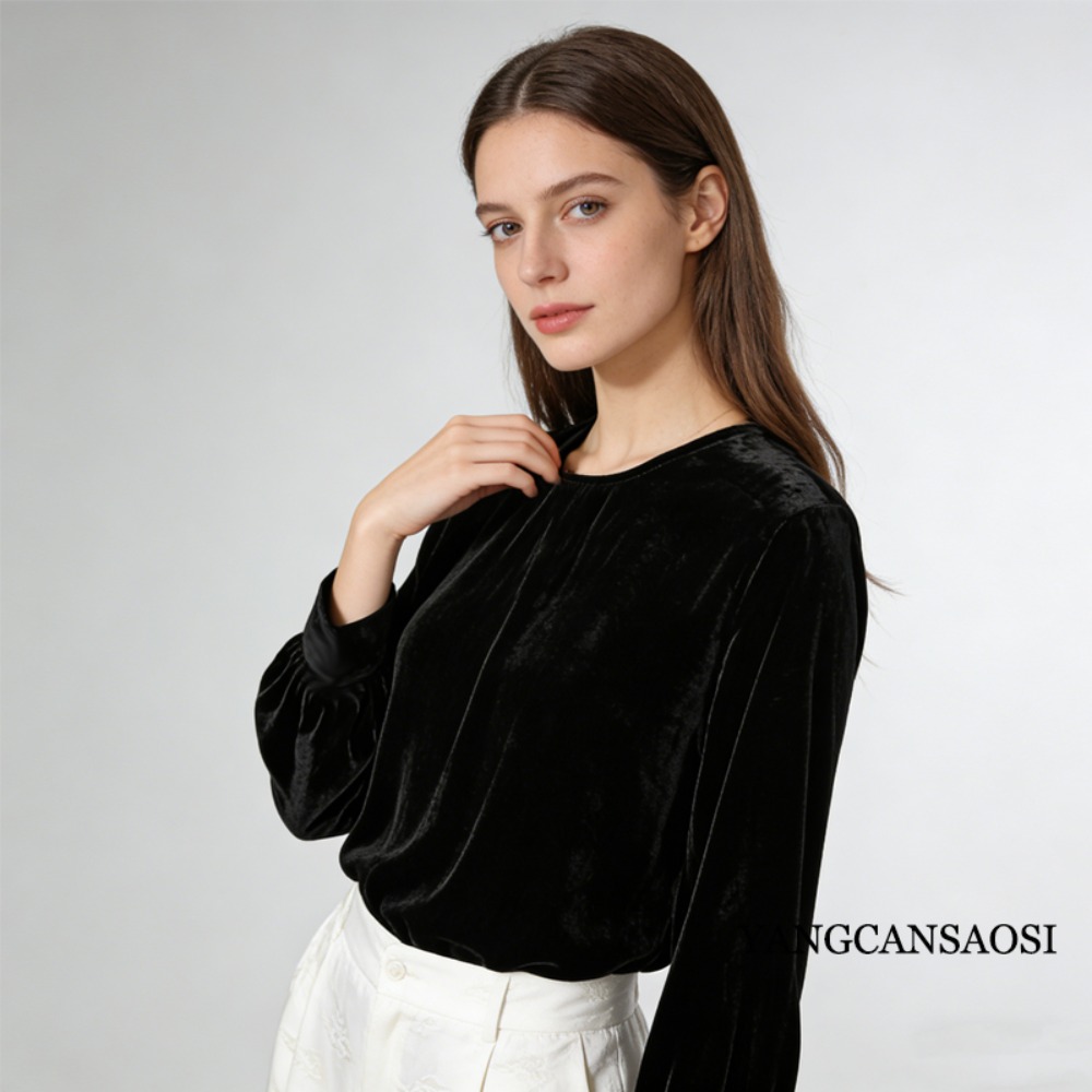 T-shirt à manches longues et col rond pour femme, vêtement polyvalent, en velours de soie de mûrier naturelle, couleur unie, nouvelle collection printemps 2022, 30%
