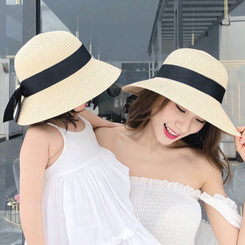 Chapeaux de soleil pliables à nœud papillon pour femmes et filles, chapeau de paille à large bord simple, protection UV extérieure, casquette de plage, femme, parent-enfant