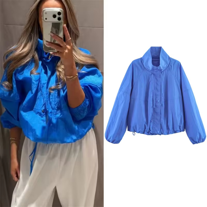 Veste pour femme 2026 Nouvelle collection été – Veste ample en nylon bleu à manches longues, plissée, avec cordon de serrage décoratif, style décontracté et polyvalent