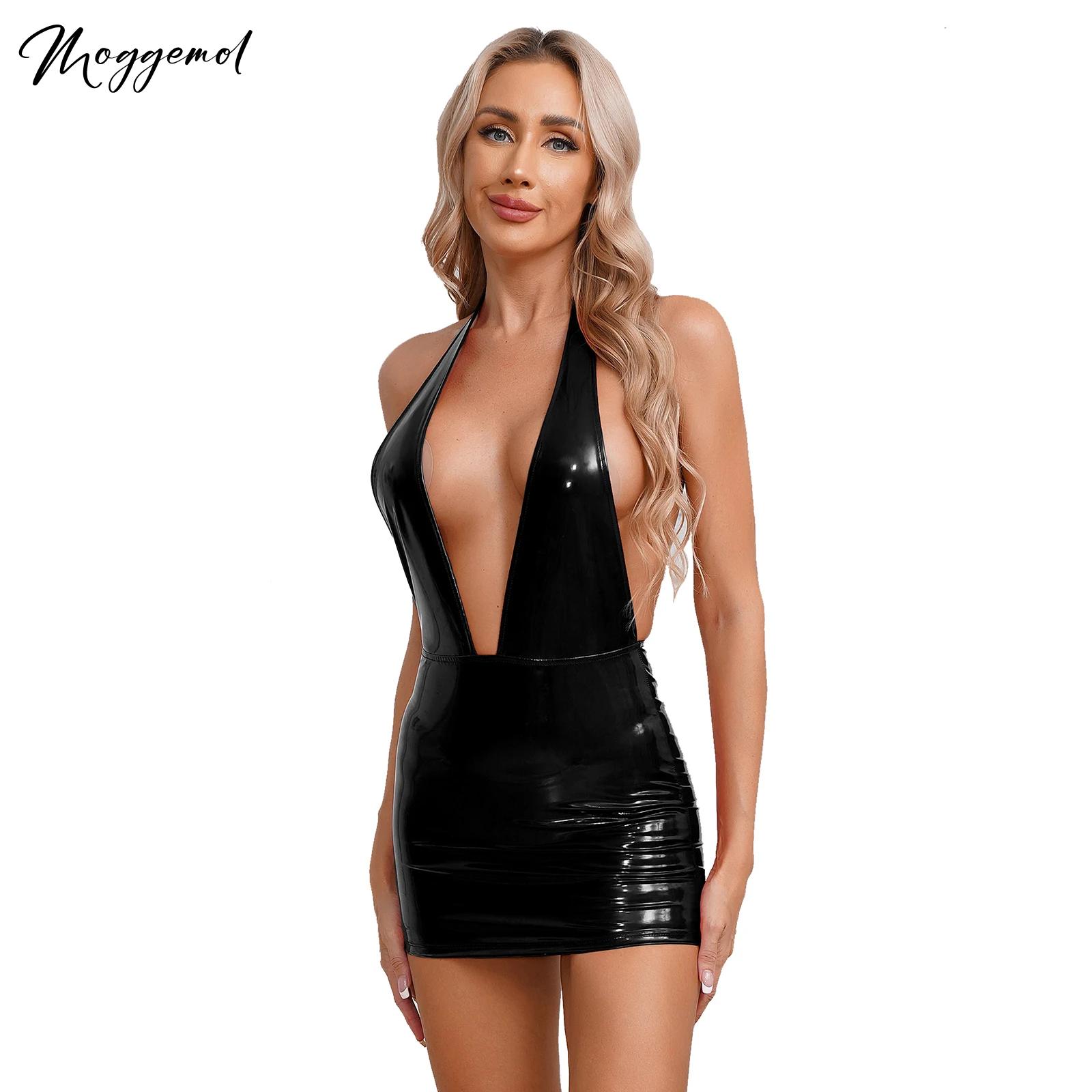 Femmes Sexy V profond dos nu Rave robe Look mouillé en cuir verni moulante mini-robe discothèque pôle danse Clubwear fête Disco