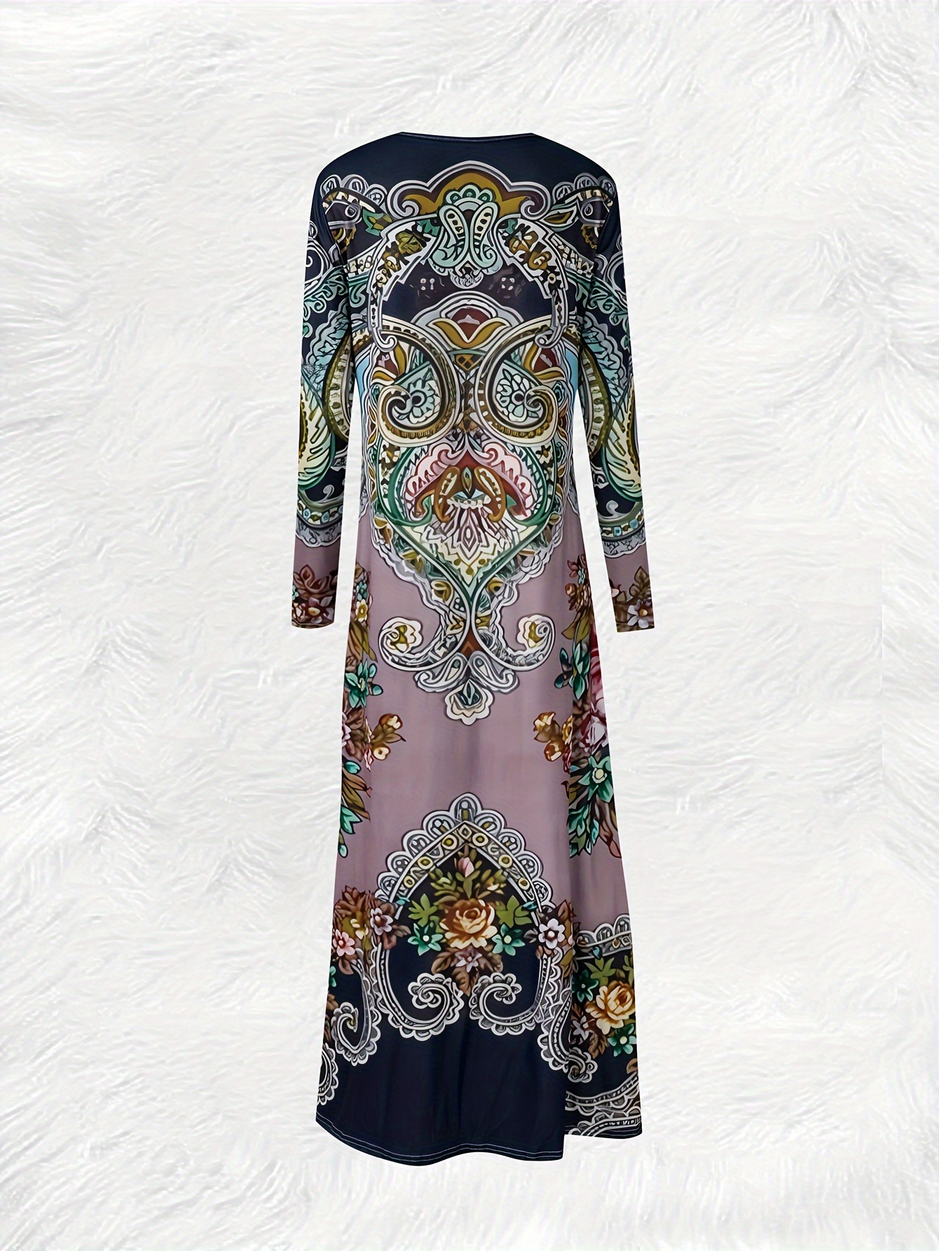 Robe à manches longues style ethnique décontractée mi-longue pour femme, mode automne-hiver, coupe trapèze, couleur unie, ajustement ample