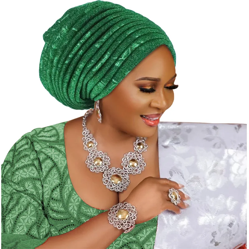 Couvre-chef de mariage nigérian, Turban à paillettes, foulard plissé pour femmes, Bonnet Hijab, couvre-chef africain Auto Gele