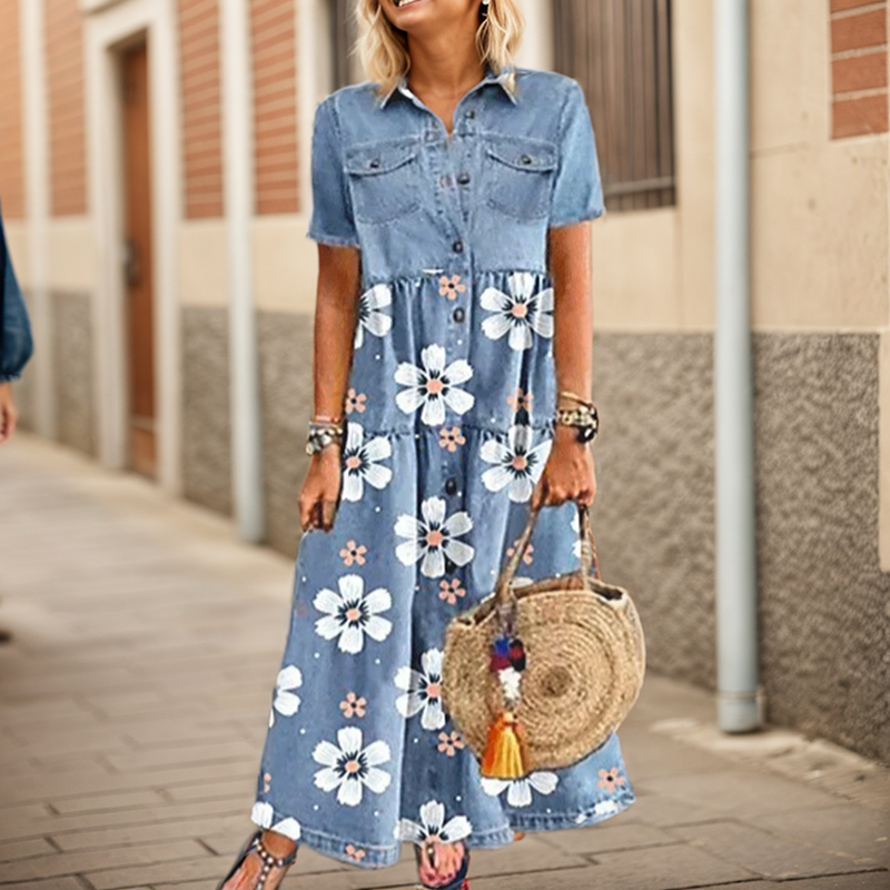 Robe longue en denim à imprimé floral pour femme, col rabattu, chemise boutonnée, manches courtes, robes de soirée A-Line, élégante, éducative