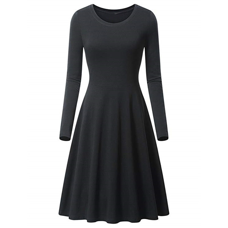 Robe trapèze à manches longues et col rond pour femme, tenue lisse et élégante, couleur unie, tenue décontractée, mi-longue, nouvelle collection automne hiver