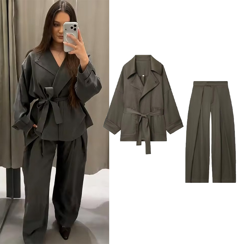 Femmes taille moyenne pantalon ensemble deux pièces décontracté fluide ceinturé veste avant pli pantalon 2 pièces ensemble femmes tenue