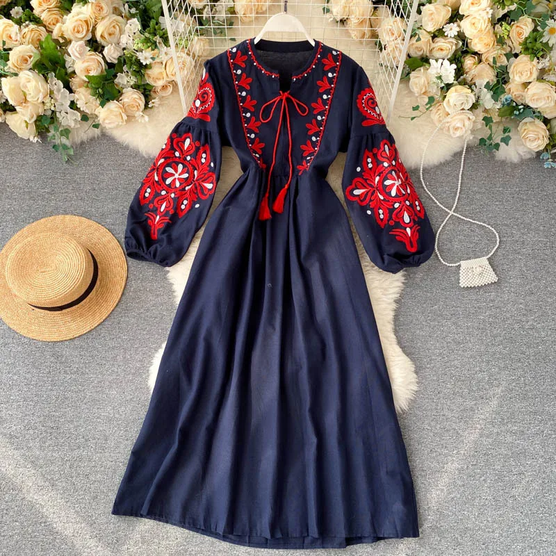 Robe brodée bohème pour femmes, Boho, fleur, col rond, manches longues lanterne, taille haute, coton, blanc, printemps