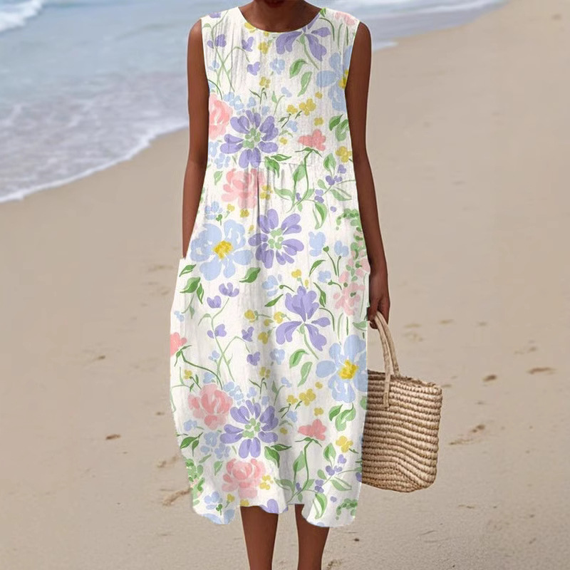 Robe longue pour femmes, imprimé Floral, col rond, sans manches, épissure élégante, Y2k, Streetwear, décontractée, ample, travail, été
