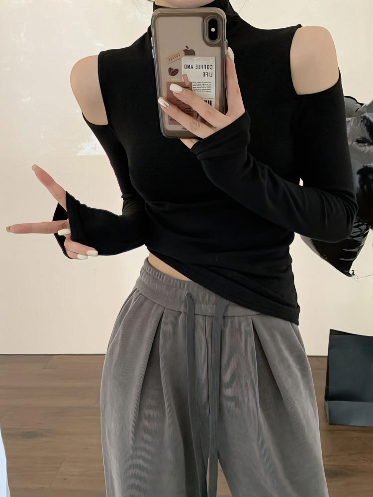 Coréen automne hiver col roulé Tops basiques femmes Sexy épaules nues à manches longues épais polaire t-shirt mode noir t-shirts dame