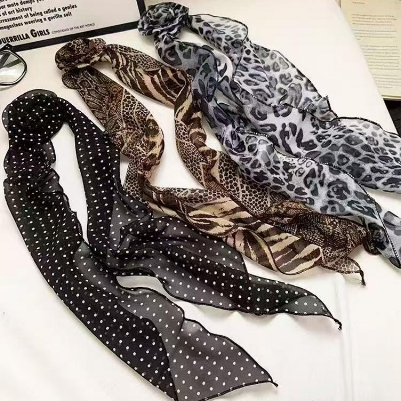 Écharpes en mousseline de soie pour femmes, motif pois et léopard, longues, élégantes, avec clip rose décoratif, pour le quotidien