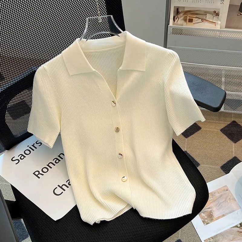 T-shirt à Manches Courtes en Tricot pour Femme, Vêtement Chic, Col Polo, Décontracté, Fin, Assressenti, Solide, Respirant