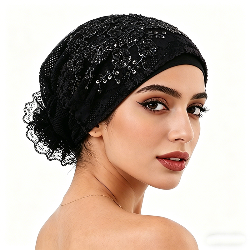 Nouveau Turban en dentelle florale brodée pour femme, Foulard musulman, Bonnets, Hijabs intérieurs prêts à porter