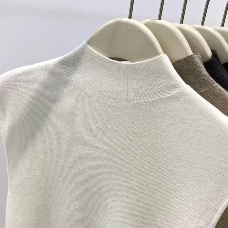 T-shirts tricotés à col mi-haut uni sans manches pour femme, basiques de mode printemps-été, Ropa De Mujer