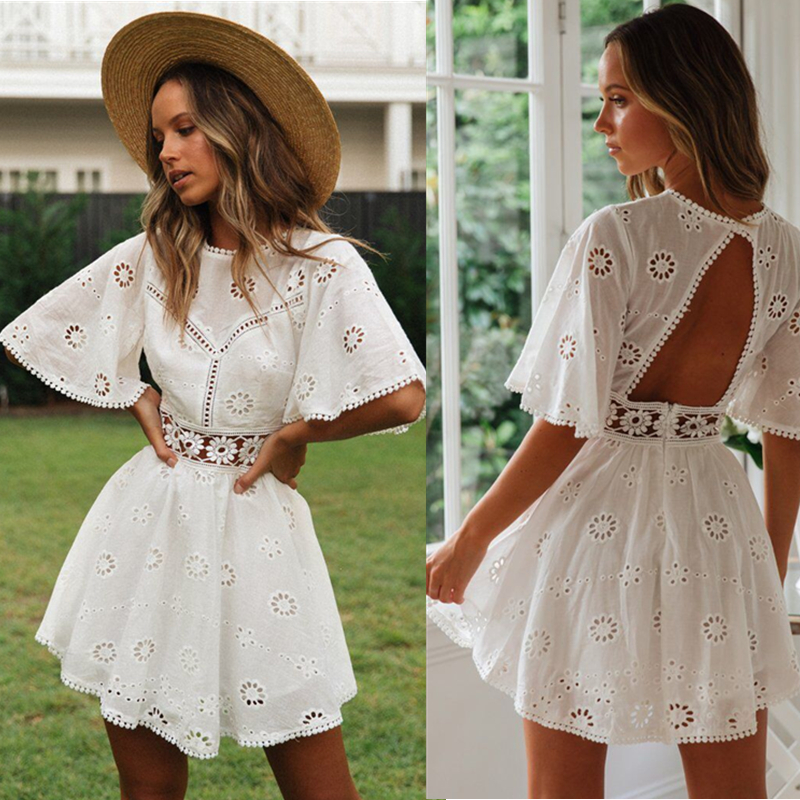 Robes blanches élégantes pour femmes, en coton brodé, ajouré, dos ouvert, Sexy, été, 2025