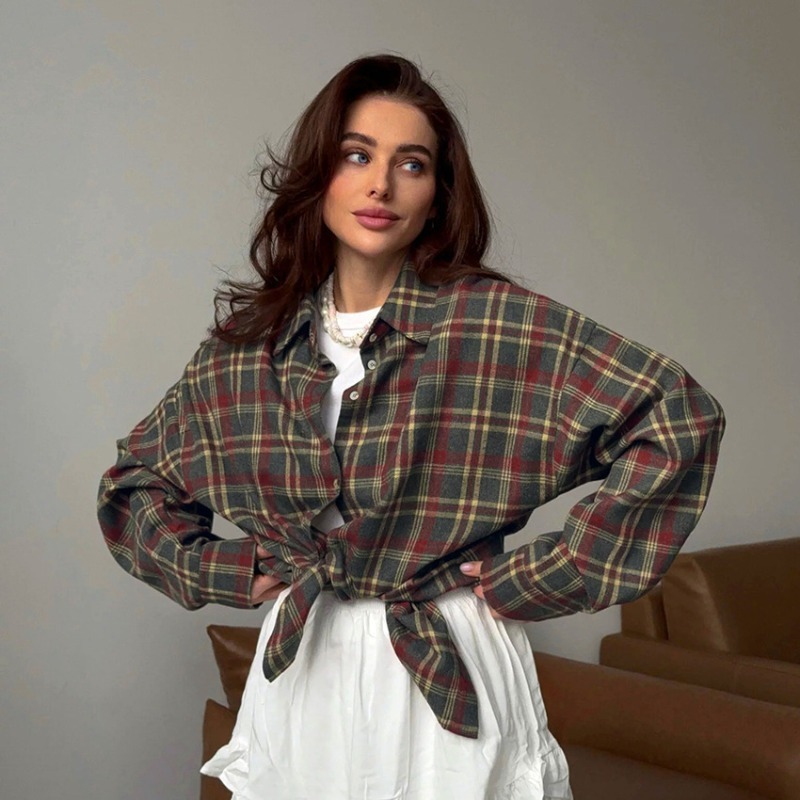 Chemise ample à carreaux en coton pour femmes, élégante, simple boutonnage, Patchwork, manches longues, chemises d'été, streetwear pour dames, 2025