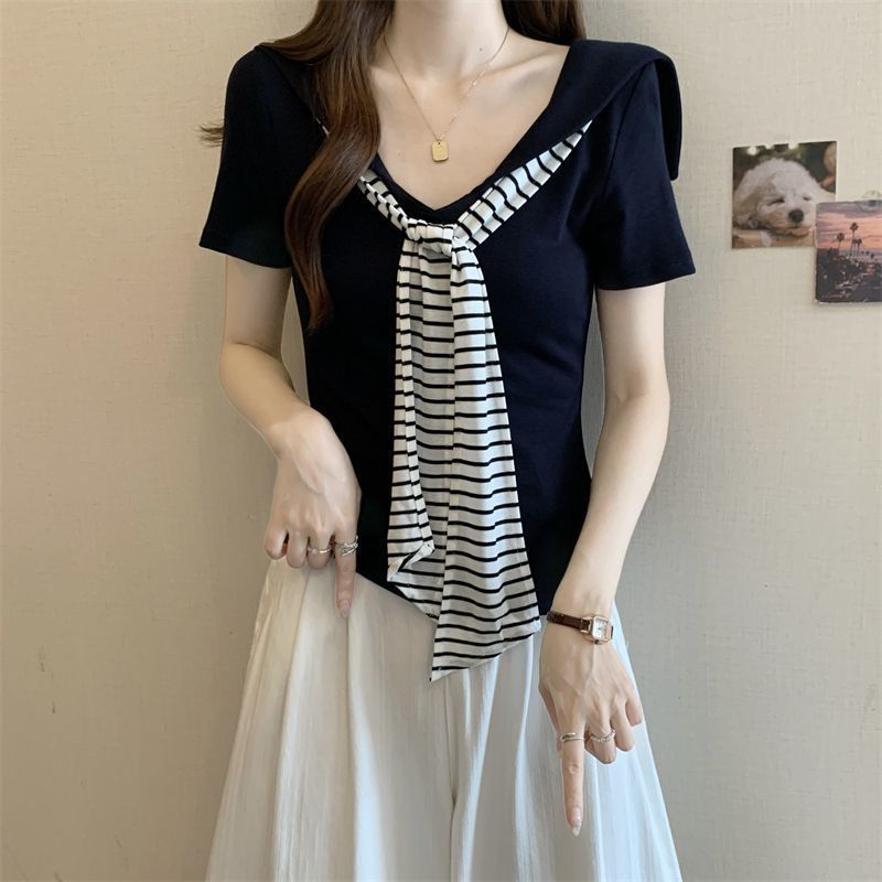 T-shirt à manches courtes pour femmes, grande taille, style décontracté, ample et fin, à rayures, col marin, nouvelle collection été