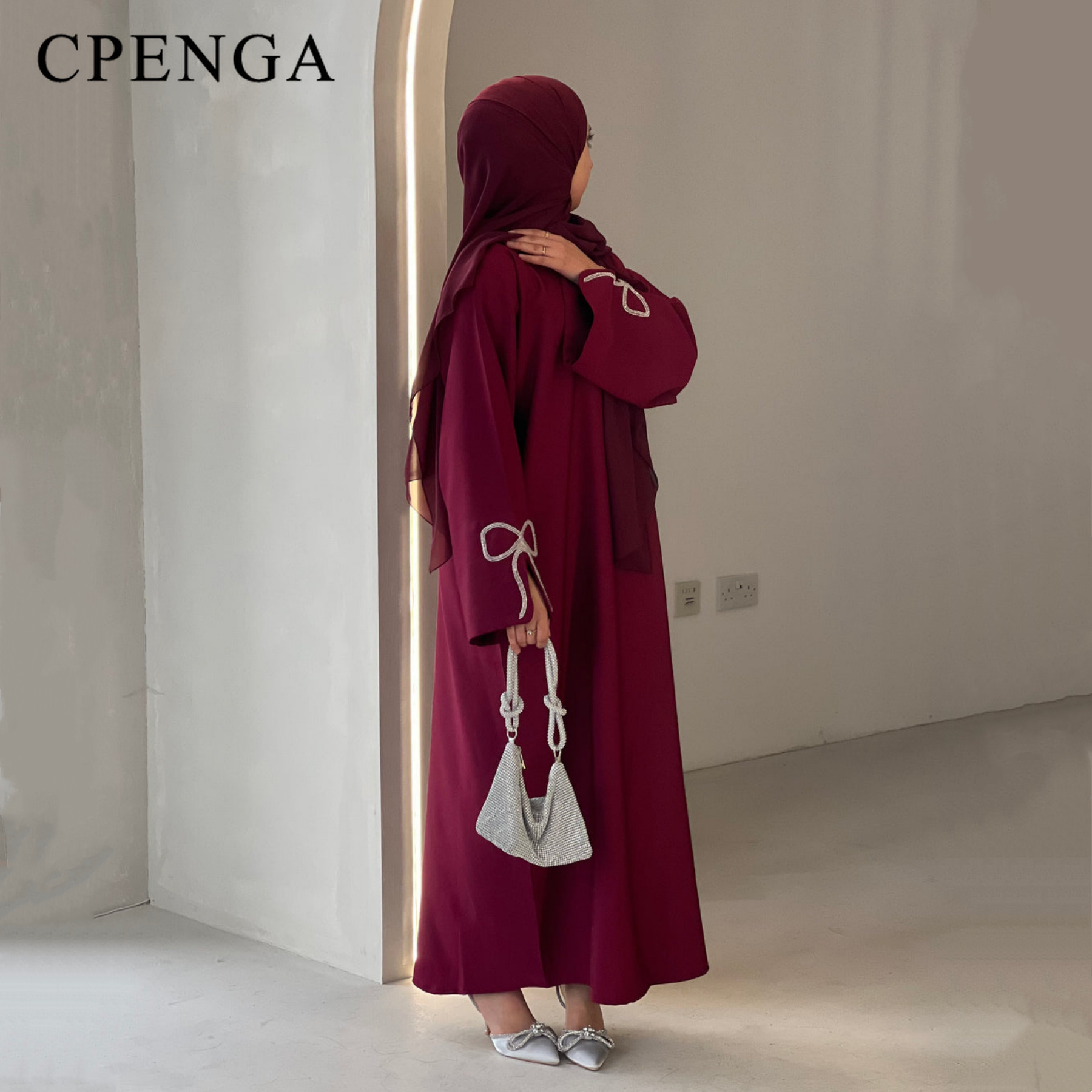 Robe Abaya de luxe cloutée pour femmes, tenue musulmane arabe Eid, modeste, islamique, ornée de cristaux, manches avec nœud, Robe turque