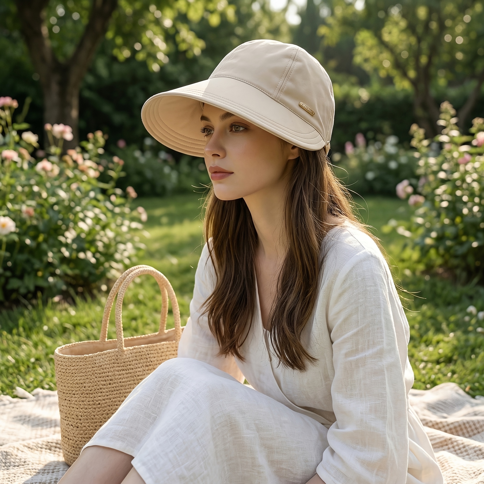 1 Chapeau de soleil à large bord pour femme, réglable et pliable, tissu imperméable à séchage rapide, adapté aux voyages