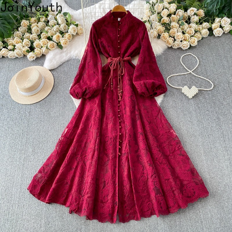 Robes Tunique Vintage pour Femme à Manches Longues, Taille Cintrée, Col Montant, Broderie Dentelle, Robe Longue Maxi 2026