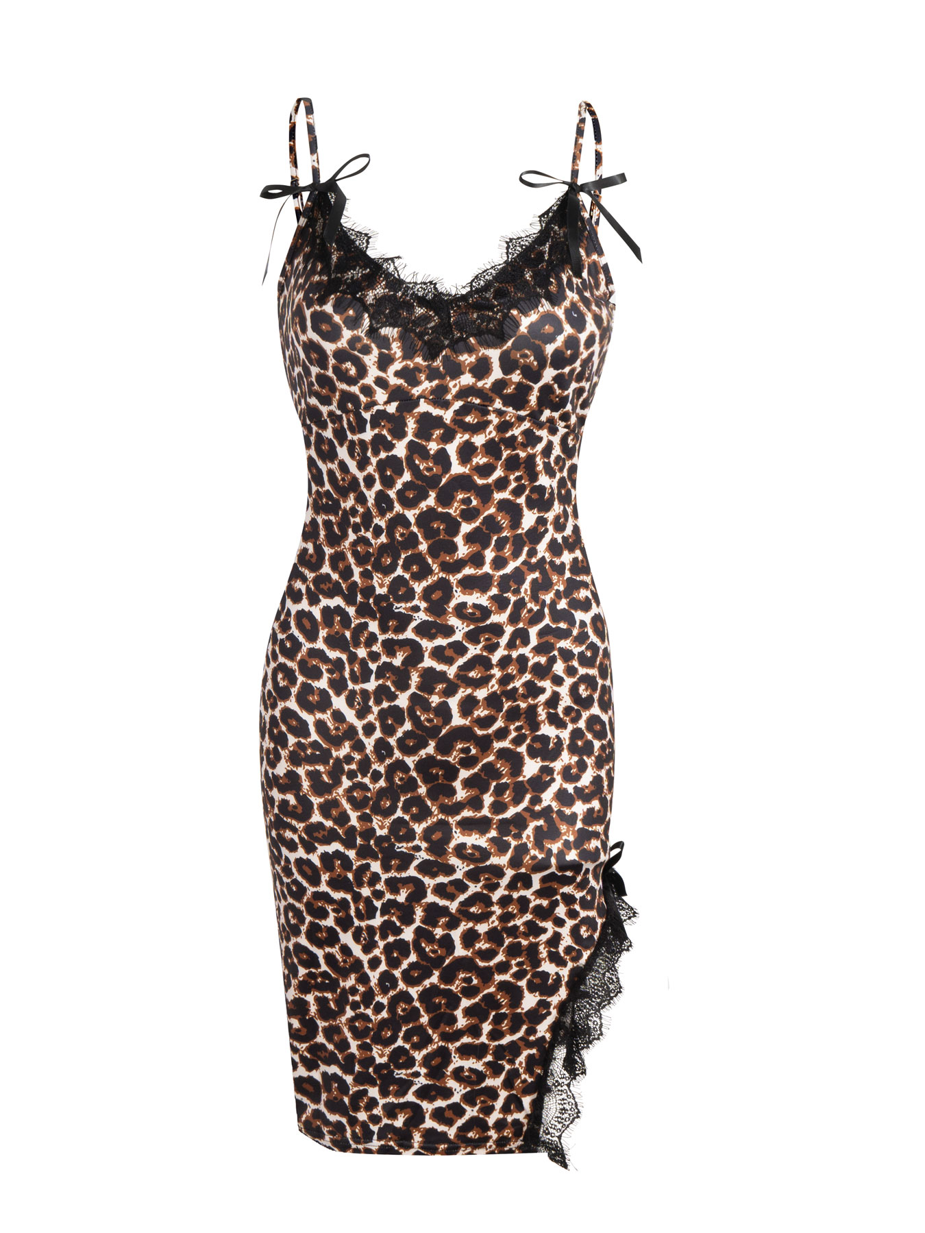 Robe midi moulante pour femme à bretelles spaghetti, imprimé léopard, dentelle à franges, décontractée, sexy, pour les vacances, les soirées et les rendez-vous, printemps-été