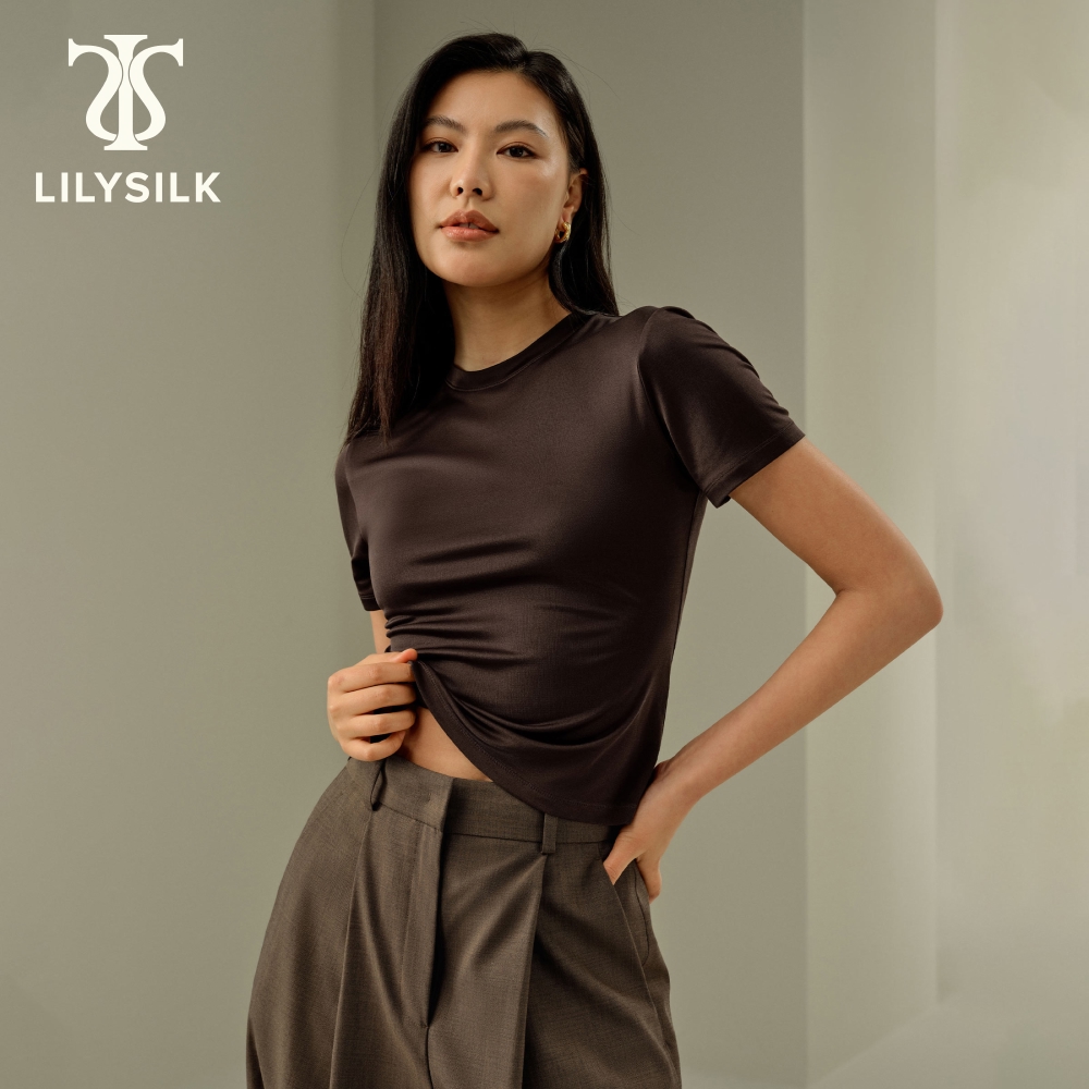LILYSILK T-shirt ajusté en jersey de soie pour femme avec manches courtes et col rond