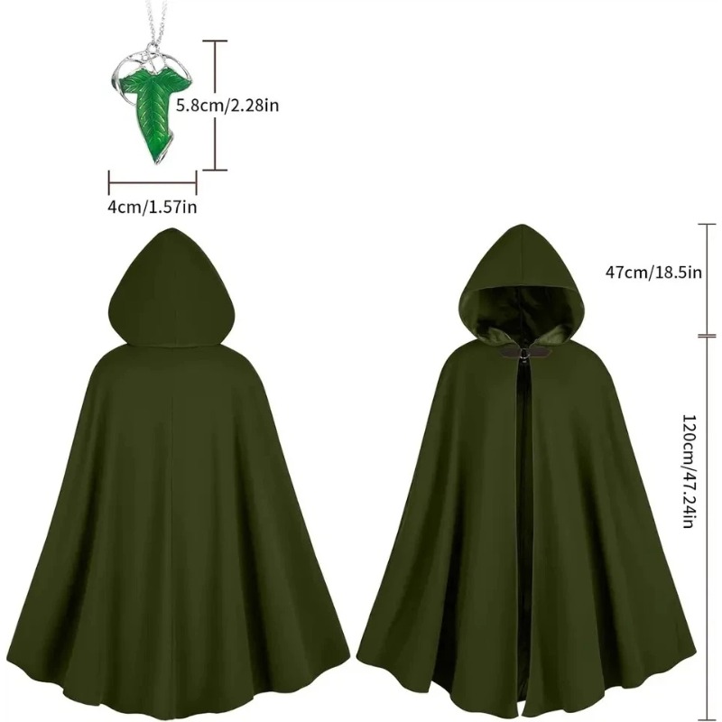 Cape médiévale verte à capuche avec broche feuille et collier, ensemble vintage d'elfe ranger, cape de cosplay Halloween Renaissance pour adulte