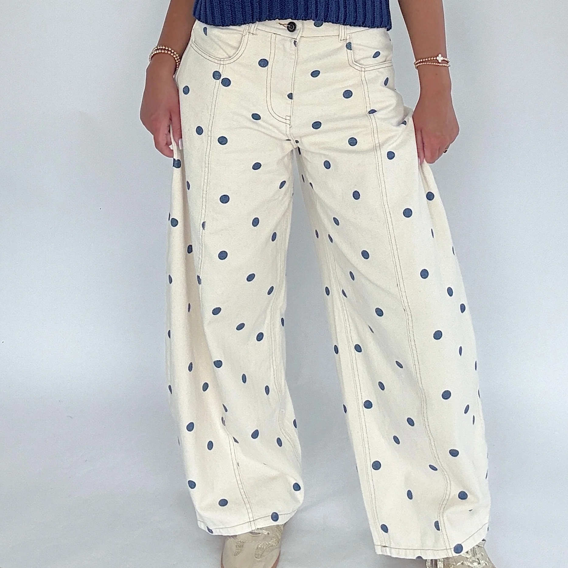 Pantalons en jean ample à imprimé à pois pour femmes tendance, pantalon en denim décontracté pour le printemps, pantalon large tendance