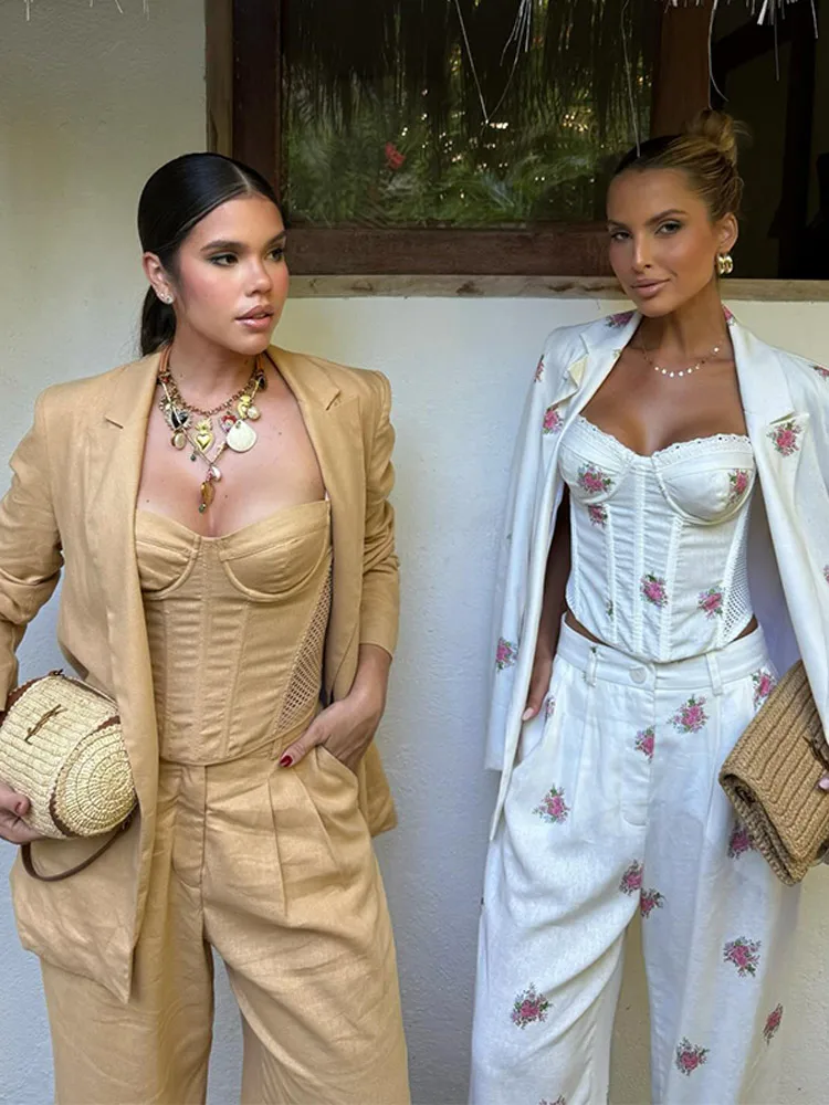 Ensemble décontracté imprimé 3 pièces pour femme : Gilet fleuri, manteau à revers et manches longues, pantalon ample – Collection Chic Été Automne 2026