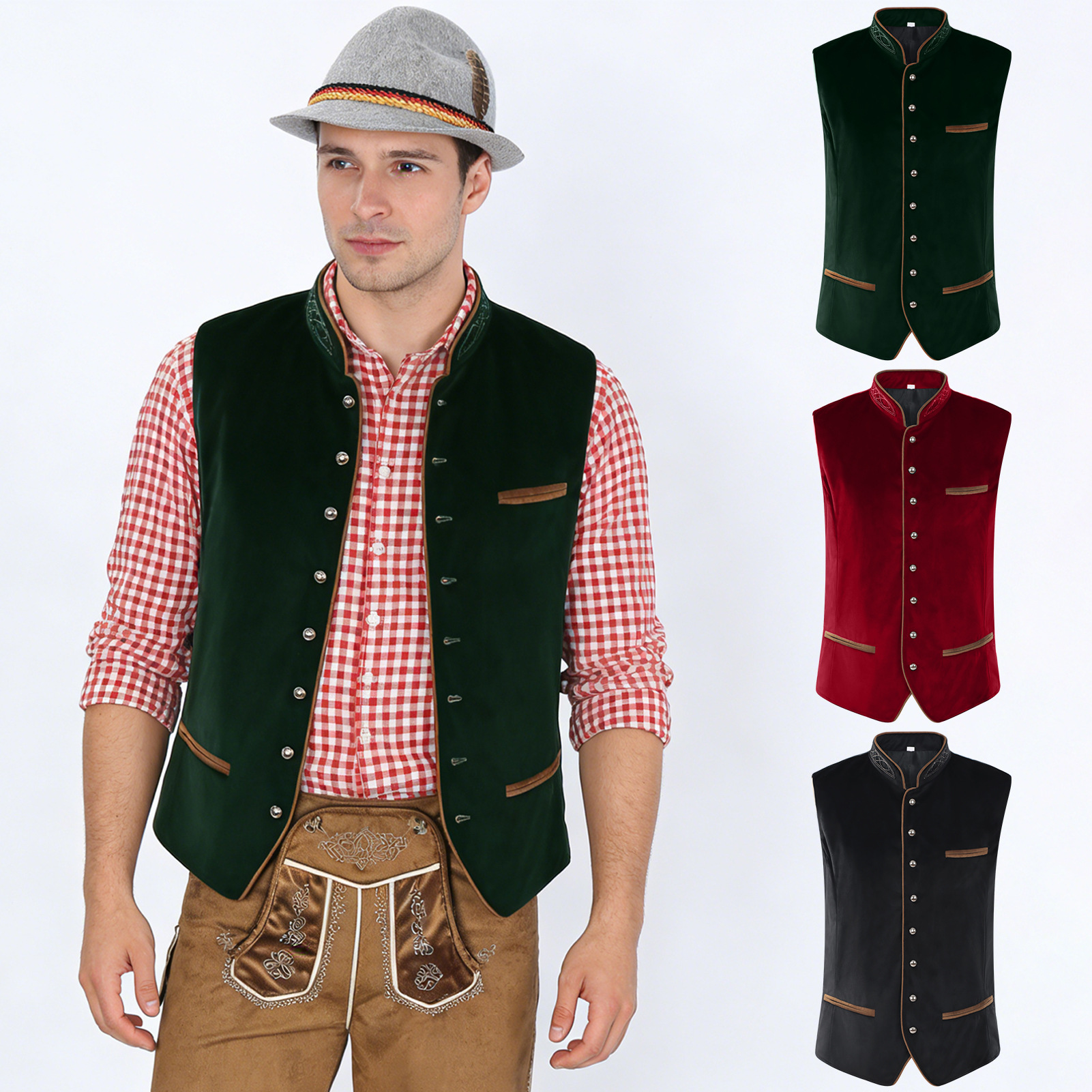 Gilet en velours noir pour homme, style rétro, col montant, simple boutonnage, avec broderie, sans manches, pour Halloween et cosplay