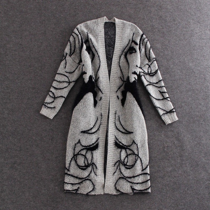 Pull long élégant pour femme, manteau chaud, cardigans à imprimé figure, mode féminine, vêtements d'hiver, 2023