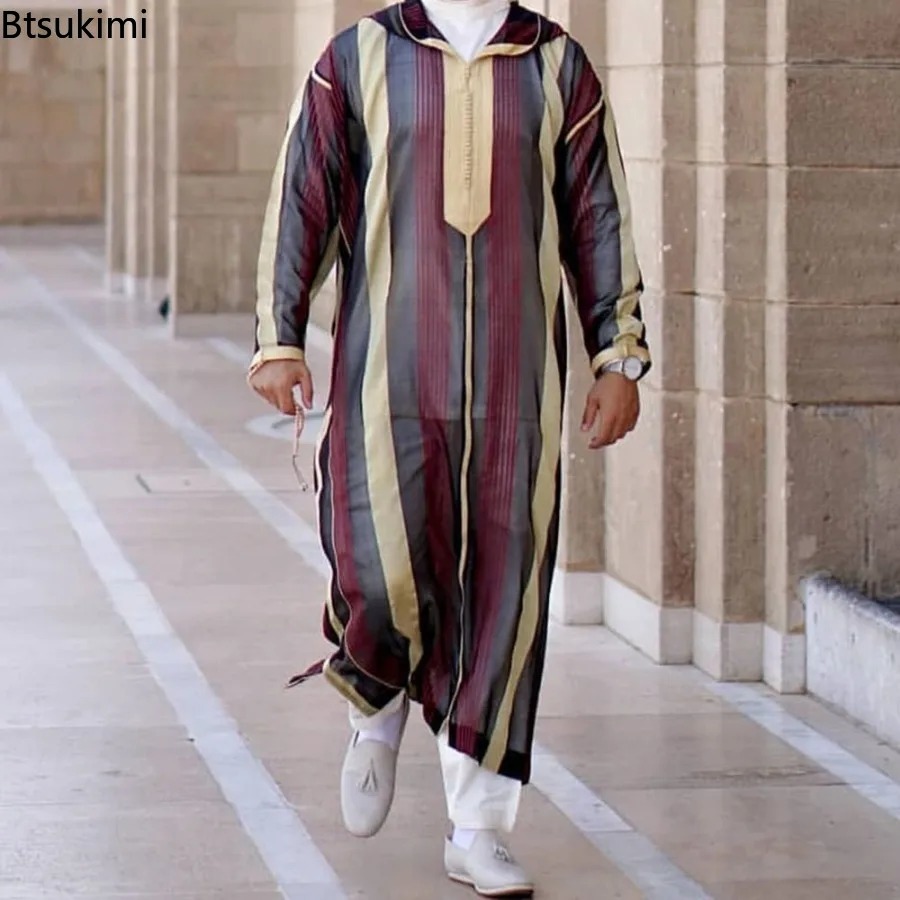 Vêtements islamiques décontractés à rayures rouges pour hommes, sweat à capuche musulman, vêtements Jubba Thobe, Ramadan Abaya, Dubaï, Turquie, printemps, automne, nouveau
