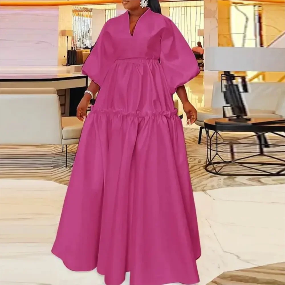 Mode Simple couleur unie Falbala longue robe femmes nouveau printemps été ample taille haute décontractée Maxi robes
