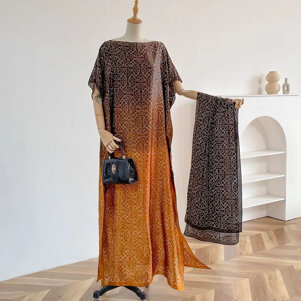 Abaya – robe d'été en coton à manches courtes pour femmes, tenue ample avec estampage doré, Maxi, africaine, avec grande écharpe, nouvelle collection 2025