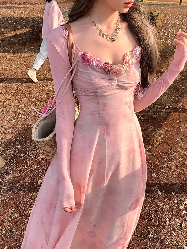 Robe mi-longue en mousseline de soie pour femme, robe imprimée rose clair, mode de plage, Y2K, vintage, chic, français, rétro, élégant, décontracté, été
