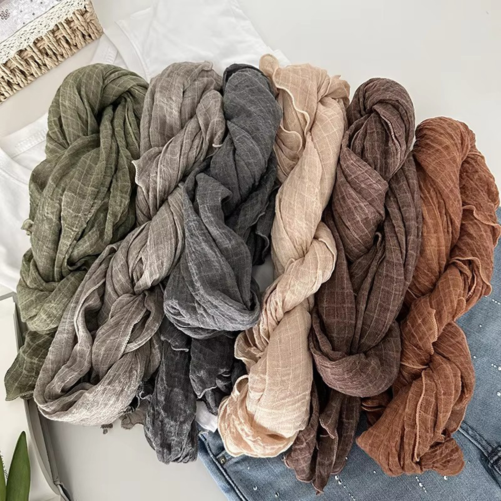 Écharpe artistique rétro en coton et lin pour femmes, châle fin plissé en gaze, couleur Pure, accessoires de mode