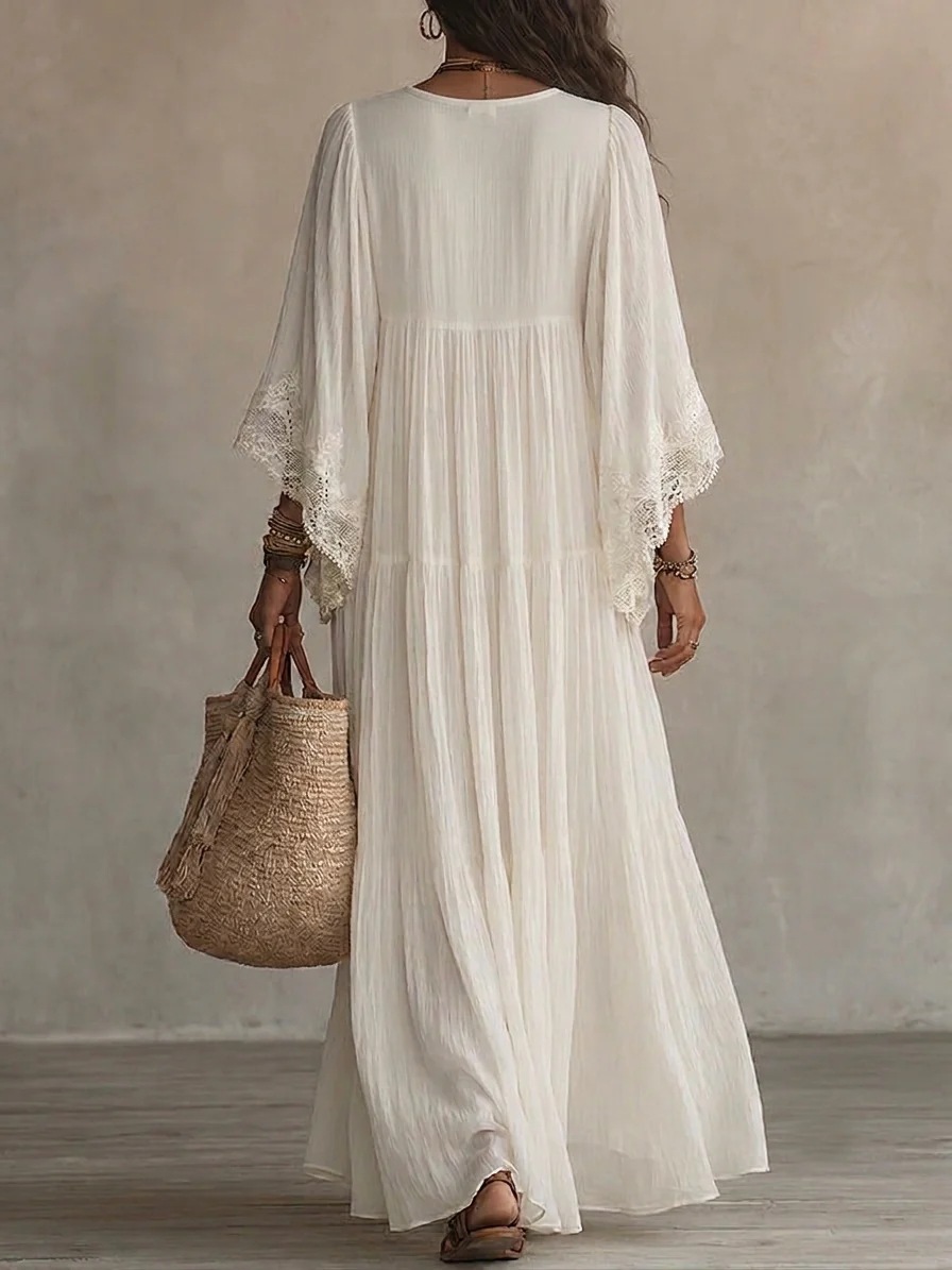 Robe longue décontractée ample pour un confort quotidien, style plage et villégiature, couleur unie, élégante et simple, col en V, manches chauve-souris, printemps-automne