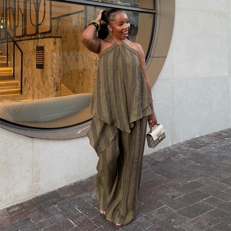 Ensemble deux pièces pour femmes, mode africaine, printemps-été, imprimé rayé, haut halter et pantalon large, tenue de vacances