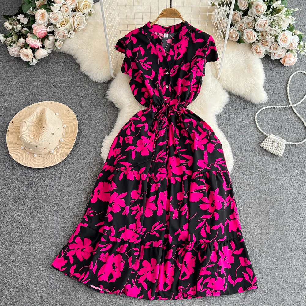 Robe mi-longue à fleurs pour femmes, Vintage, col en v, ourlet à volants, élégante, simple boutonnage, vacances, plage, été, 2026