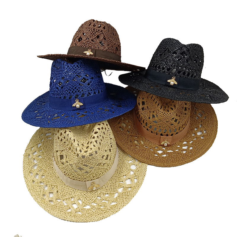 Chapeau de paille d'abeille d'été pour femmes et hommes, chapeaux de Cowboy, petite abeille ajourée, chapeau de soleil occidental à large bord, casquette de vacances