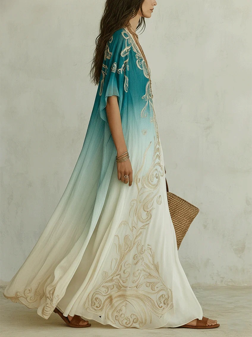 Robe élégante pour femmes en mousseline de soie, imprimé dégradé rétro, col en V profond, double couche, fluide, décontractée, style bohème, vêtements d'été