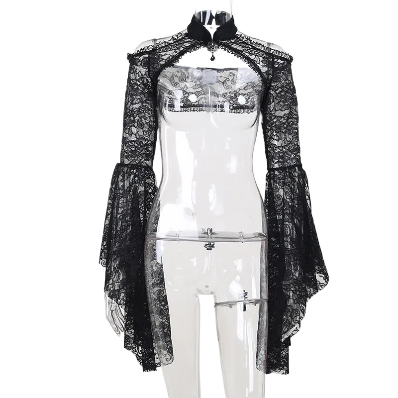 Dentelle Shrugs Sheer Crop Y-Long Bell Sleeves pour femmes, Dark Gothic Wedding, Punk Cold Initiated Costume, Crochet BEmbed o Cover Up Shirt