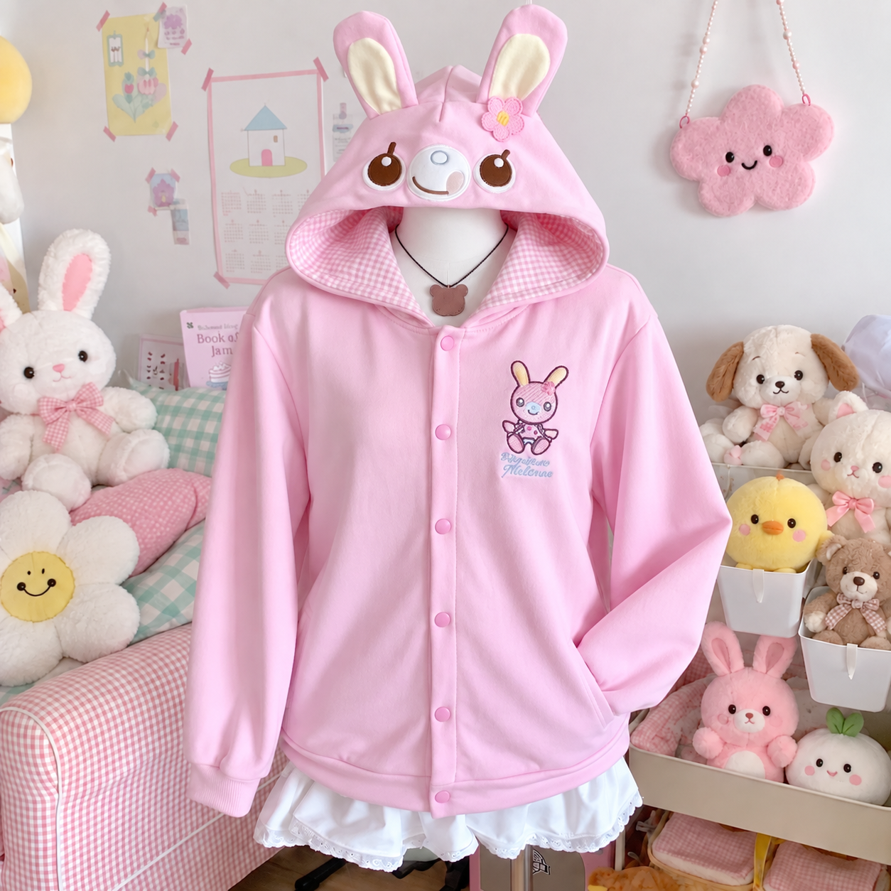 Japonais mignon manteau broderie lapin oreille à capuche sous-culture Kawaii Y2k hauts décontracté mode doux manteaux Ropa Mujer femmes vêtements