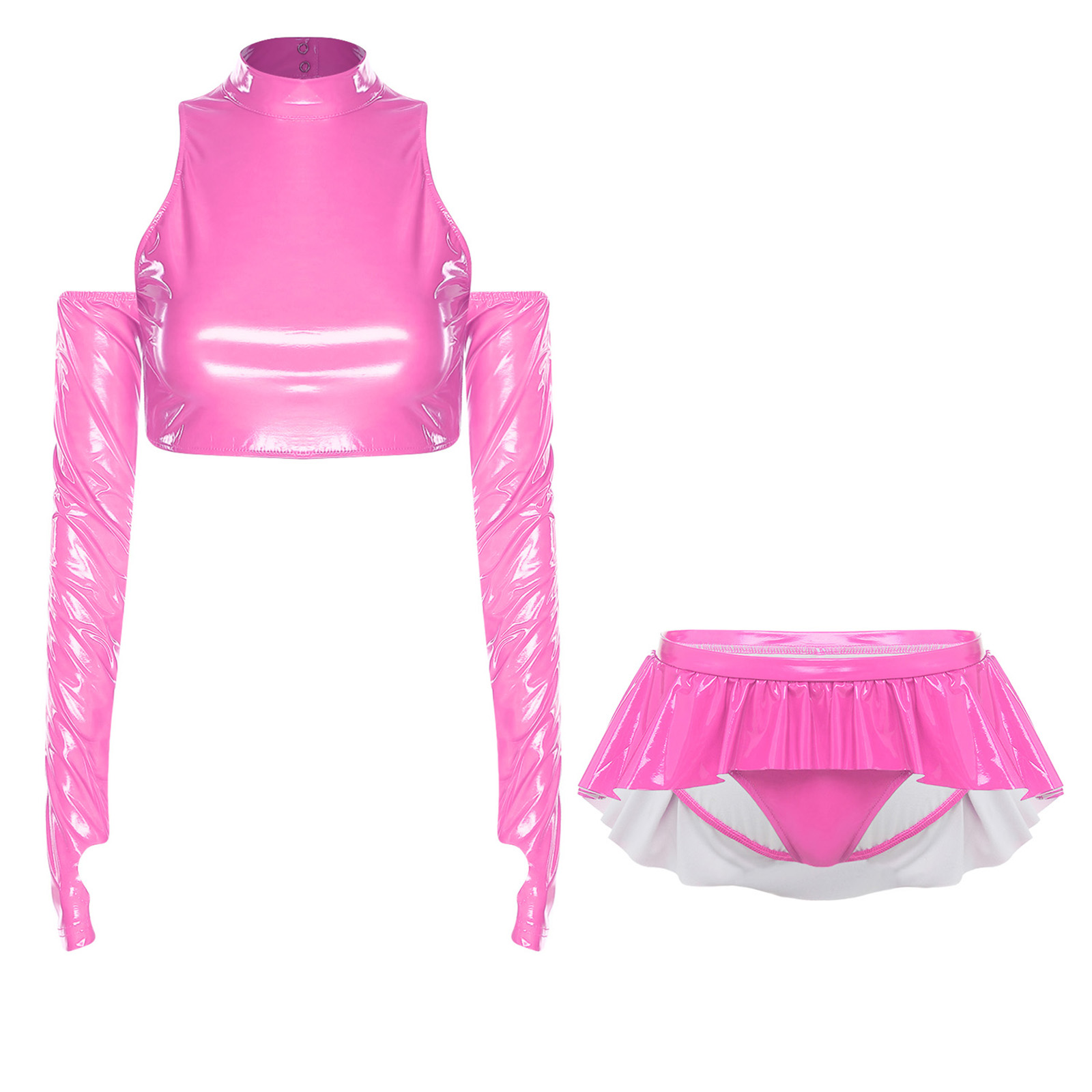 Ensemble de tenue en cuir verni effet mouillé pour femme, idéal pour les soirées rave et les clubs, avec haut court à épaules dénudées et manches longues et jupe à volants