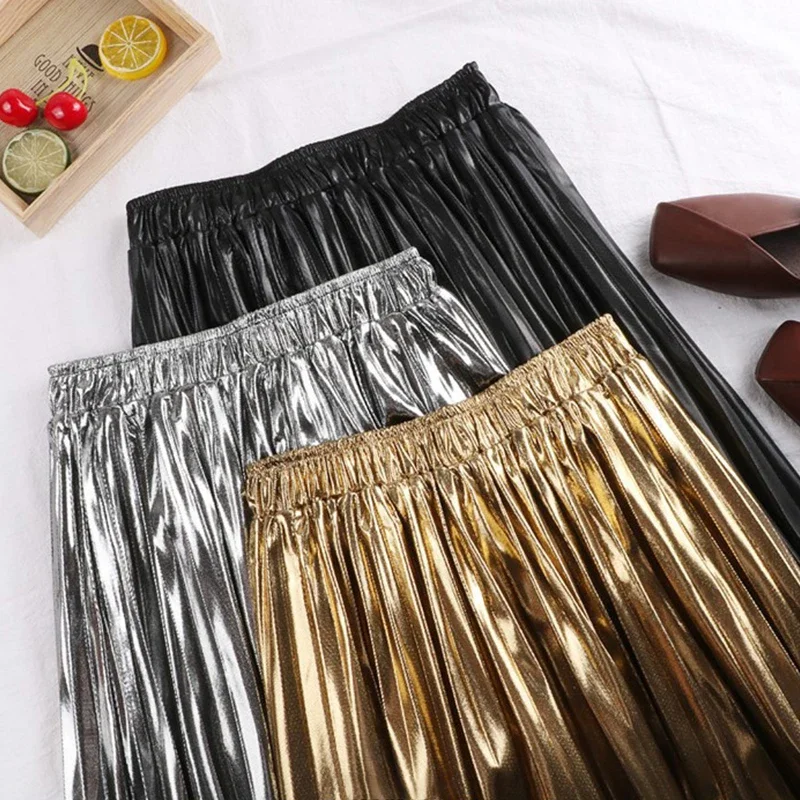 Jupe plissée mi-longue trapèze taille haute pour femmes, nouvelle collection automne-hiver 20224, mode coréenne, or argent, jupes longues élégantes