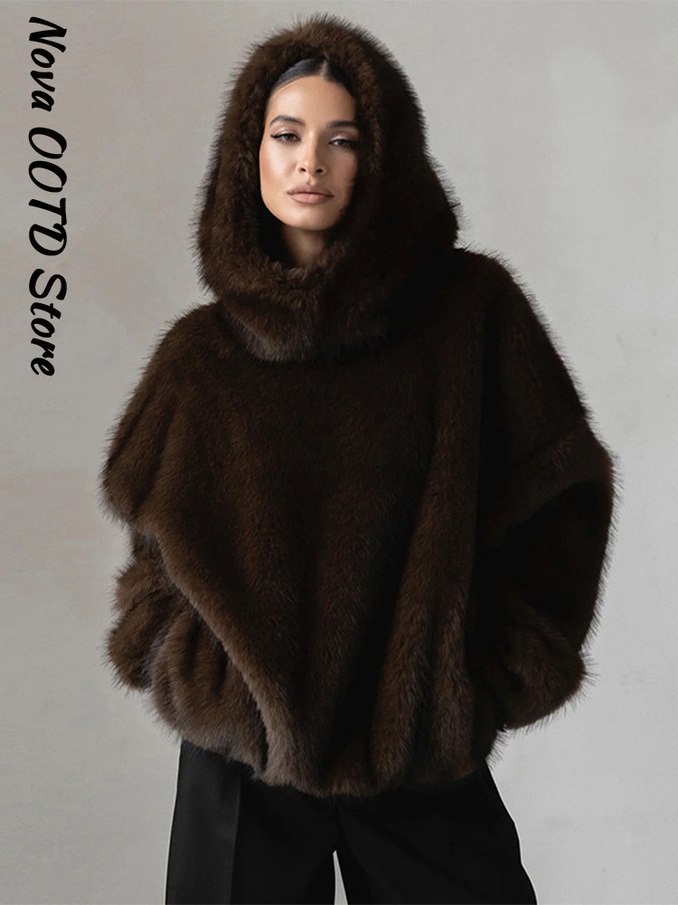 Hiver femmes fourrure à capuche fausse fourrure pull femmes ample manches longues chaud solide manteau 2026 printemps dame rue Chic vêtements d'extérieur nouveau