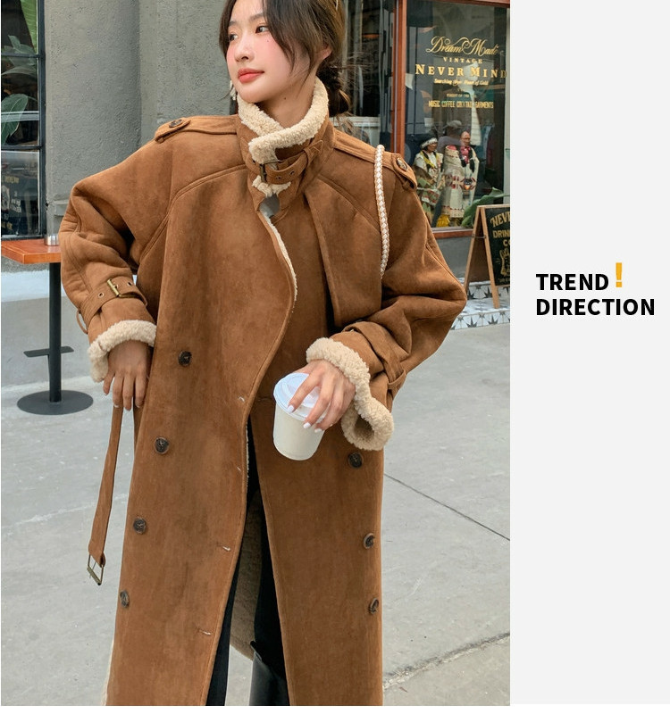 Manteau en daim épais et décontracté Maillard mi-longueur, longueur genou, avec fourrure, pour femme, nouvelle collection hiver 2026, couleur kaki