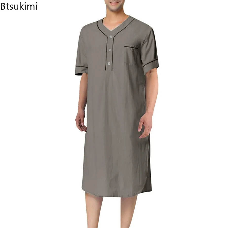 Nouveau 2026 hommes mode musulmane Robes robe à manches courtes solide coton ample col rond loisirs chemise de nuit hommes peignoirs Homewear Abaya