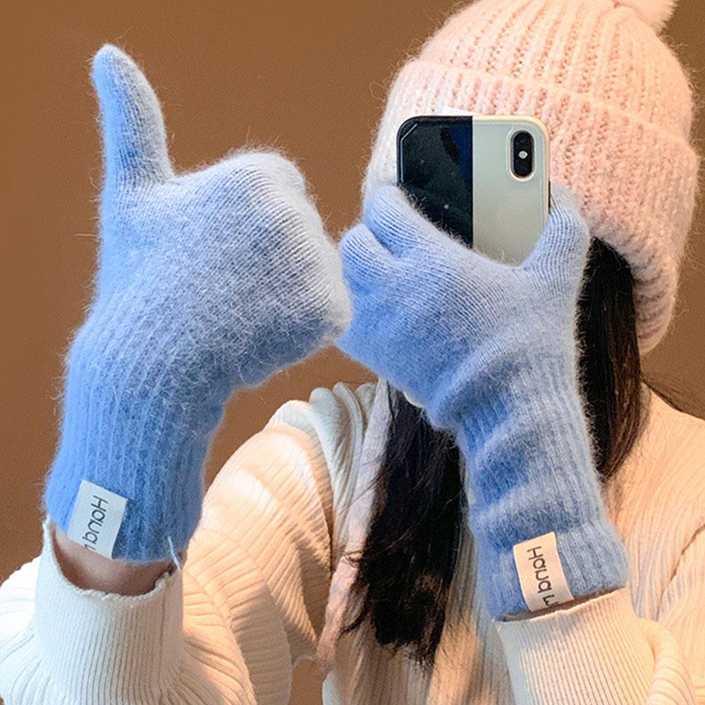 Winter Adult Warm Gloves, Women Winter Gloves, Imitation Rabbit Hair Knitted Yarn Mitten Outdoor Anti Cold Gloves Solid Gloves