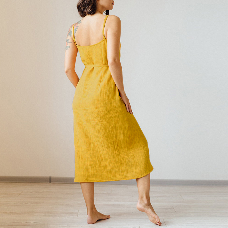 Robe vintage pour femme 100% coton crêpe gaze, col en V, sans manches, longue maxi, élégante, avec bandage